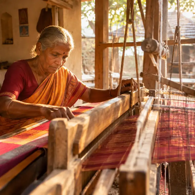 Artisan weaving on a handloom