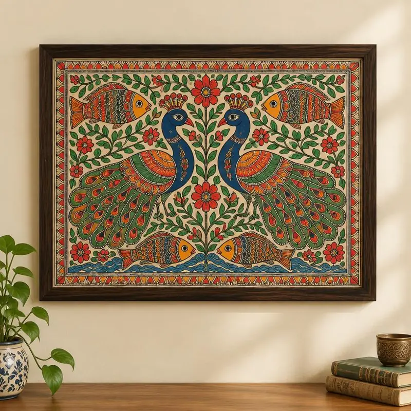 Madhubani Painting – Twin Peacocks